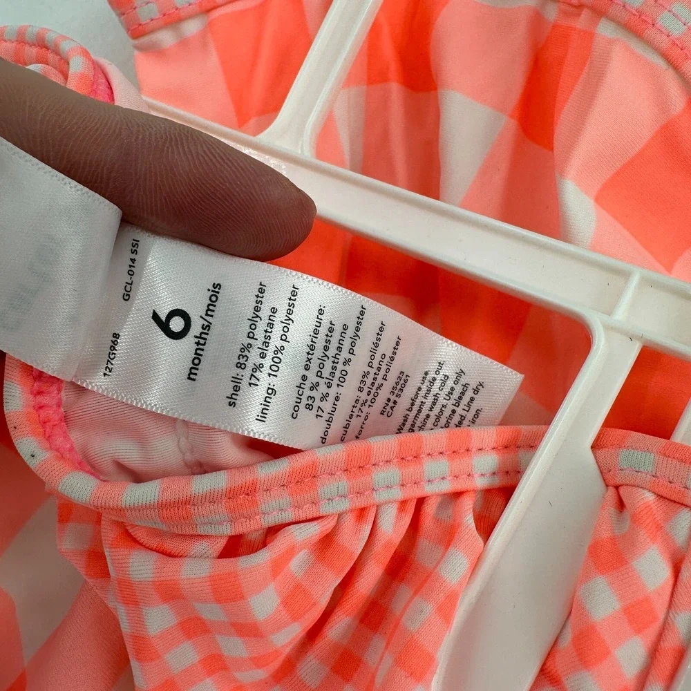 Carter's 2 Piece‎ Swimsuit Set Girls 6M Neon Pink White Gingham Ruffle Beach NWT